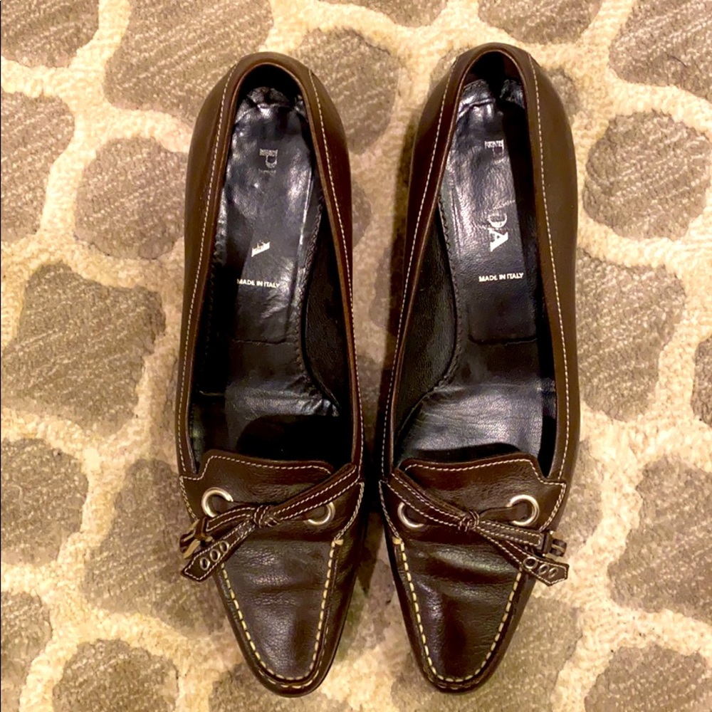 Prada chocolate brown kitten heel loafers